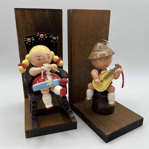 Vtg German Erzgebirge Style Boy Girl Bookends Nursery Rocking Chair Wood - Picture 1 of 7